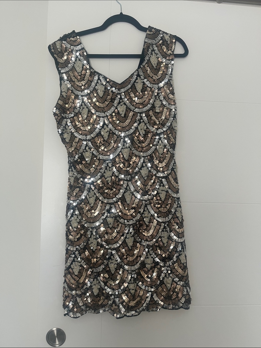 Sequin Scallop Shift Dress in Gold and Silver